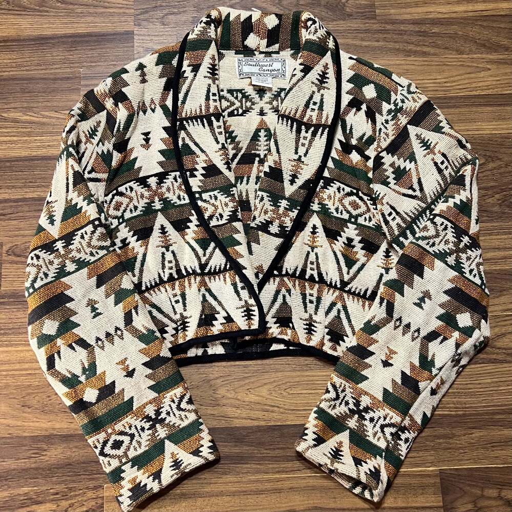 Vintage Southwest Canyon Women's Woven Tapestry Cropped Blazer Size L